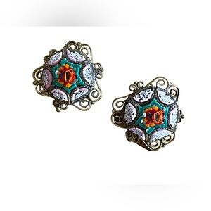 Antique Micro Mosaic Italy Italian Glass flower screw back earrings brass